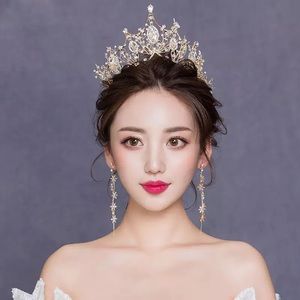 Whimsical Crystal Gold Tiara & Earring Bridal Set